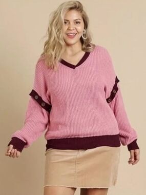 Umgee Pink Maroon V-Neck Convertible Long/Short Sleeve Knit Sweater Medium NWT